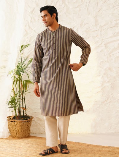 Men Multicolour Handloom Cotton Mandarin Collar Straight Fit Kurta - 38