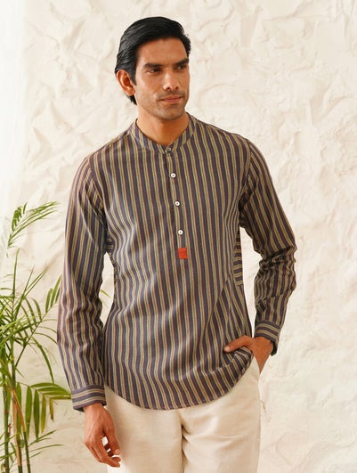 Men Multicolour Handloom Cotton Mandarin Collar Straight Fit Kurta - 38