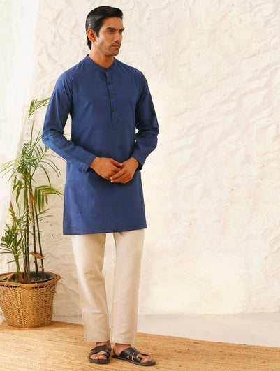 Men Blue Handloom Cotton Mandarin Collar Straight Fit Kurta - 38