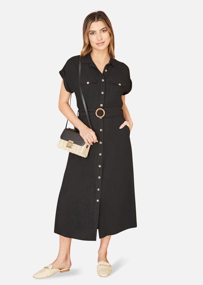 Yumi Black Viscose Linen Look Midi Shirt Dress With Wooden Belt