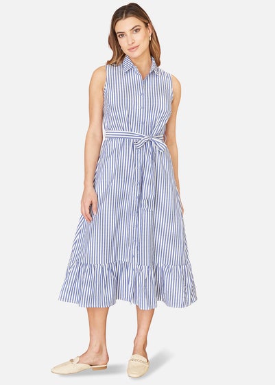 Yumi Blue Striped Sleeveless Midi Shirt Dress