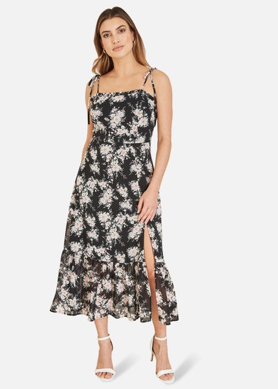 Yumi Black Floral Midi Sundress With Split Hem