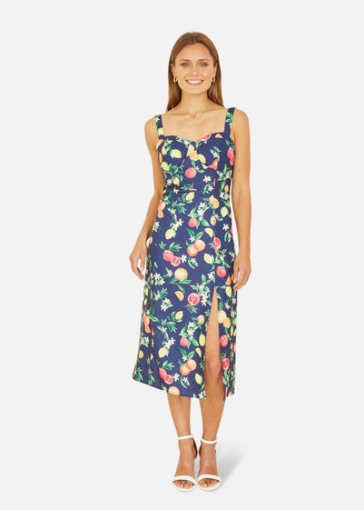 Yumi Navy Fruit Print Strappy Sundress With Front Split