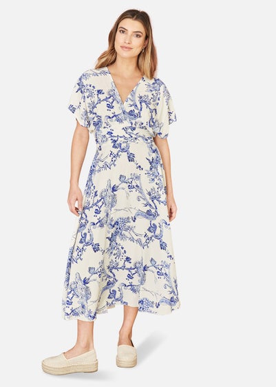 Yumi Blue And White Print Ruched Waist Kimono Midi Dress