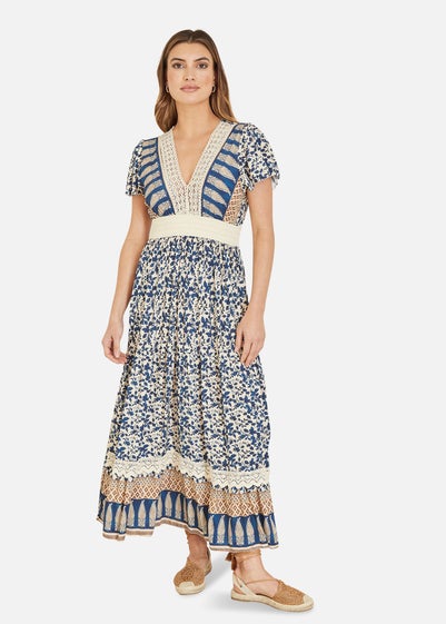 Yumi Navy Viscose Leaf Print Maxi Dress With Lace Trim