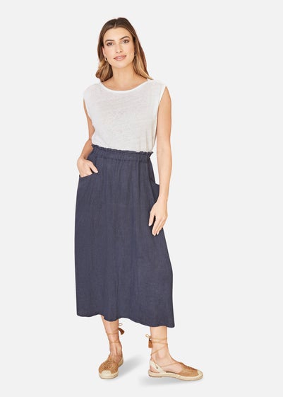 Yumi Navy Italian Linen Midi Skirt With Pockets