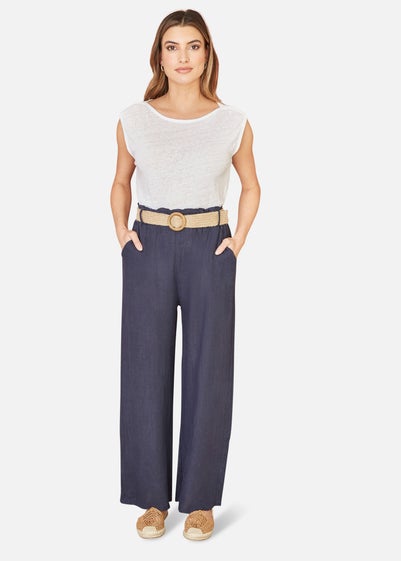 Yumi Navy Italian Linen Wide Leg Trousers With Belt