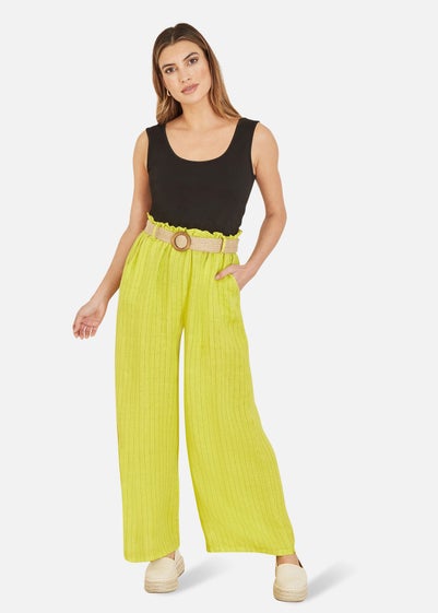 Yumi Lime Striped Italian Linen Wide Leg Trousers With Belt