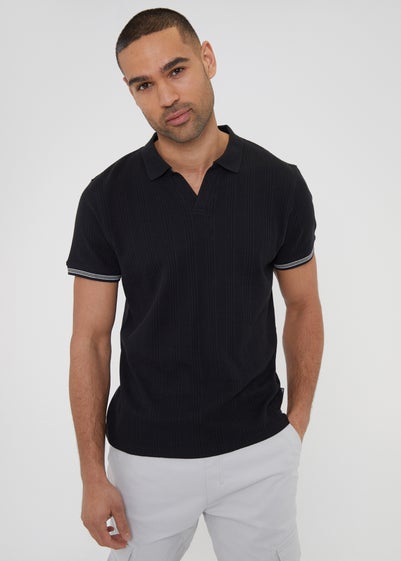 Threadbare Black Textured Knit Open Collar Polo Shirt