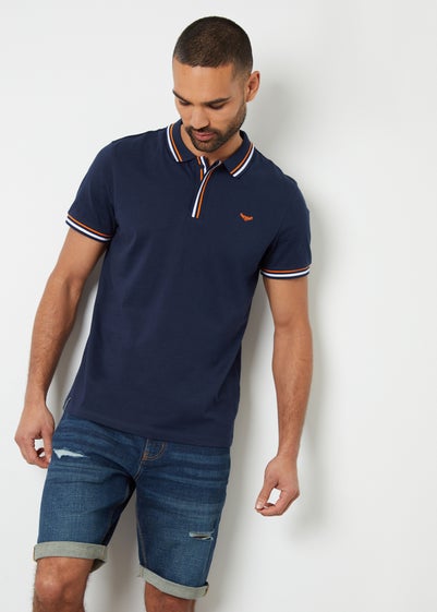 Threadbare Navy Contrast Tipping Cotton Jersey Polo Shirt