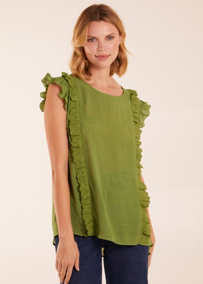 Blue Vanilla Green Button Back Frill Top