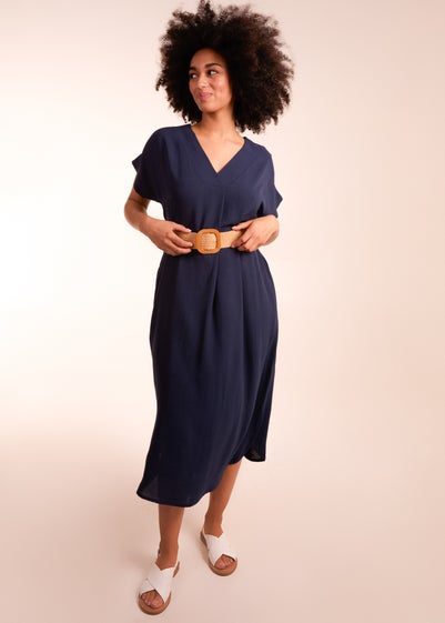 Blue Vanilla Navy Belted V neck Midi Dress