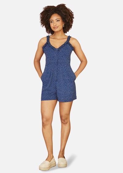 Mela Navy Spot Print Button Up Playsuit