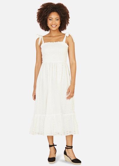 Mela White Broderie Anglaise Ruched Midi Sundress With Tie Sleeves