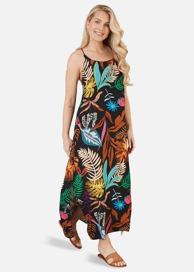 Mela Black Tropical Print Maxi Dress With Side Split Hem