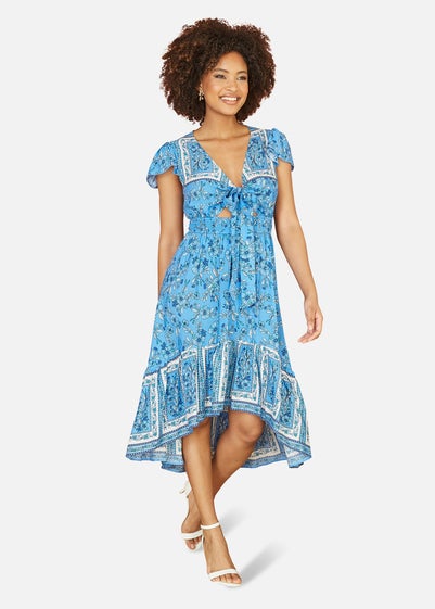 Mela Blue Ditsy Print Sun Dress With Cross Over Back Tie Front And Dip Hem