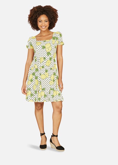 Mela White Viscose Lemon Print Skater Dress With Balloon Sleeves