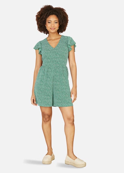 Mela Green Ditsy Print V Neck Playsuit