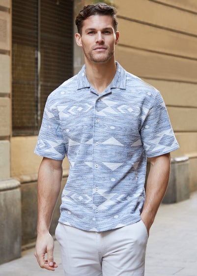 Threadbare Navy Tribal Revere Collar Short Sleeve Shirt