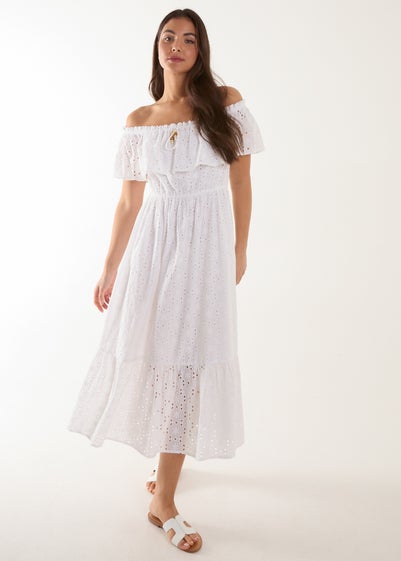 Blue Vanilla White Bardot Beaded Broderie Dress