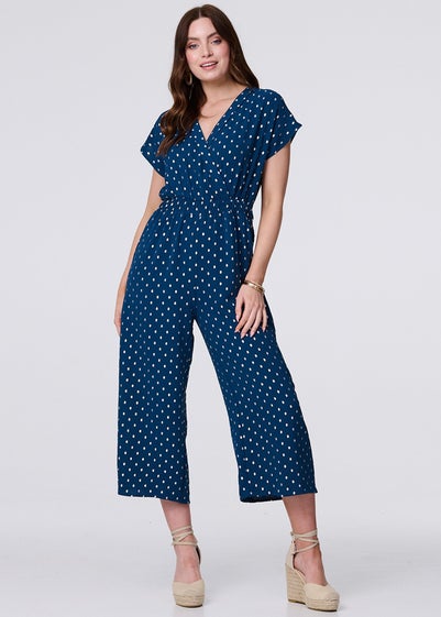 Izabel London Teal Polka Dot Cropped V-Neck Jumpsuit