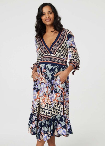 Izabel London Navy Floral Border Print V-Neck Midi Dress