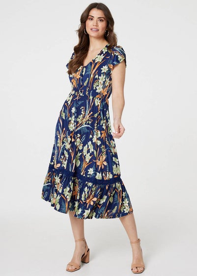 Izabel London Navy Leaf Print V-Neck Lace Trim Midi Dress