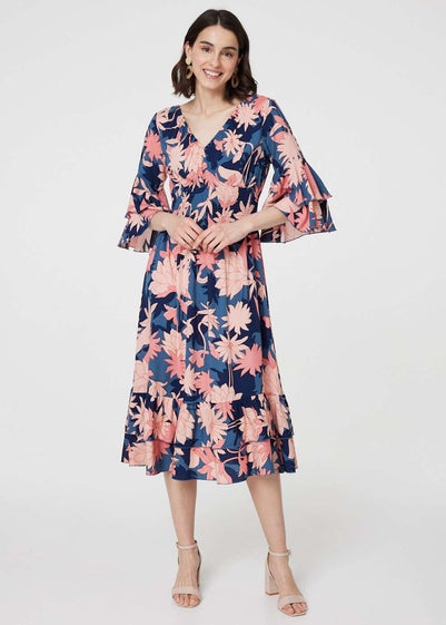 Izabel London Navy Floral 3/4 Sleeve Ruffled Midi Dress