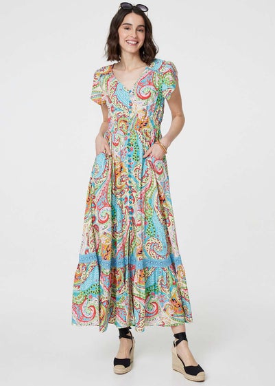 Izabel London Blue Paisley V-Neck Button Detail Maxi Dress