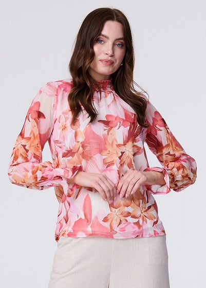 Izabel London Pink Floral Shirred High Neck Blouse