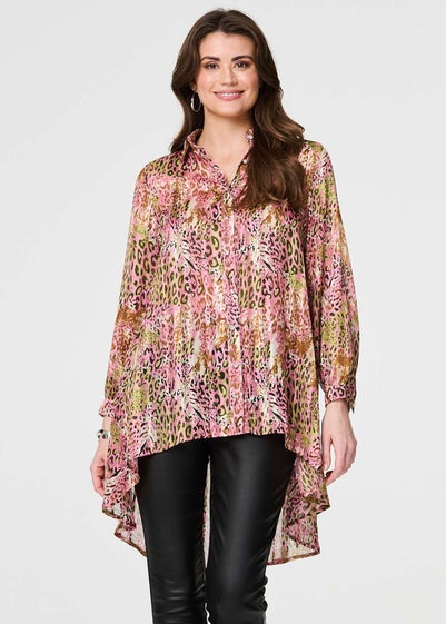 Izabel London Pink Animal Print High Low Semi Sheer Shirt