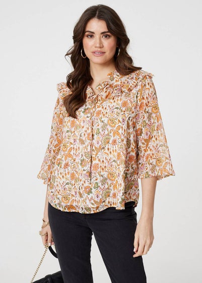 Izabel London Orange Floral Frill Detail 3/4 Sleeve Blouse