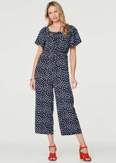 Izabel London Navy Polka Dot Print Angel Sleeve Jumpsuit