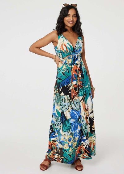 Izabel London Green Tropical Print V-Neck Empire Maxi Dress