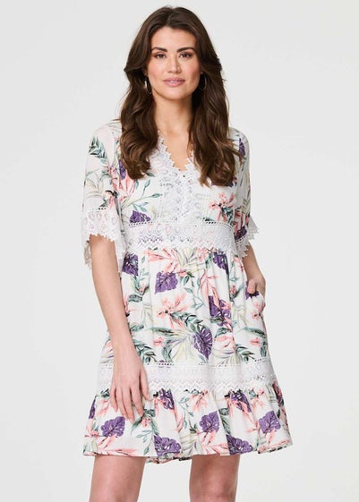 Izabel London White Leaf Print Lace Trim Short Dress