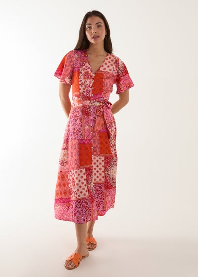 Blue Vanilla Pink Patchwork Button Through Belted Midi Dress