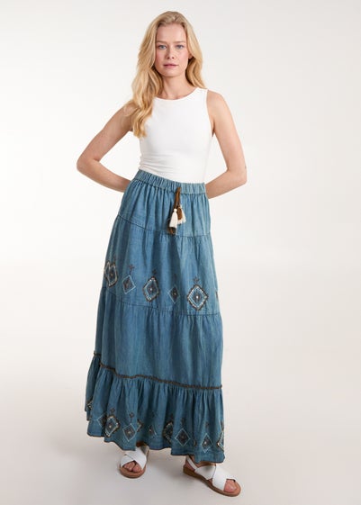 Blue Vanilla Blue Denim Embroidered Tiered Skirt