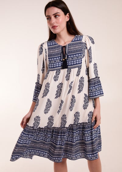 Blue Vanilla Blue Mix Print Smock Dress With Tassel