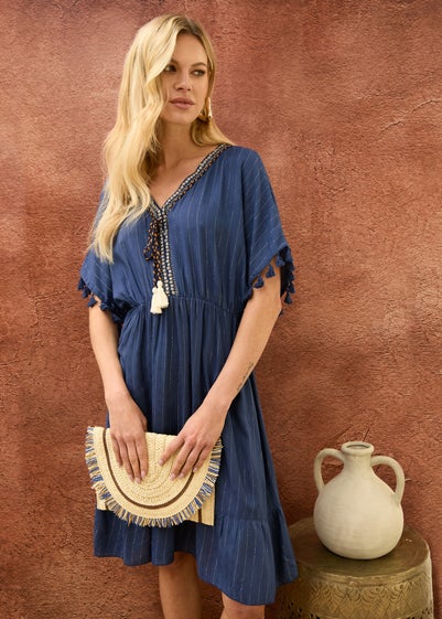 Blue Vanilla Navy Tassel Detail V Neck Dress