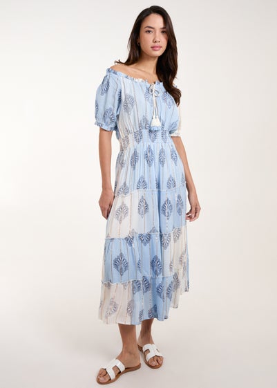 Blue Vanilla Blue Printed Bardot Tassel Midi Dress