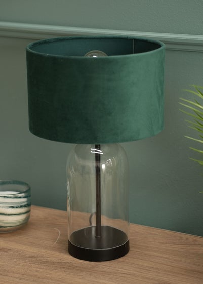 ValueLights Jessy Glass Table Lamp Green Velvet Shade (41cm x 25cm)