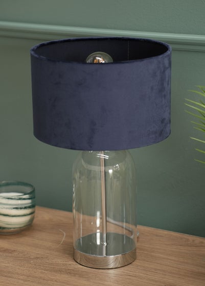 ValueLights Jessy Glass Table Lamp Navy Velvet Shade (41cm x 25cm)