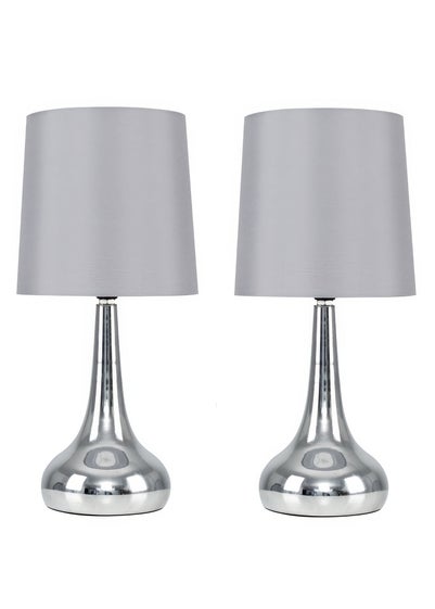 ValueLights Pair Of Chrome Teardrop Table Lamps Grey Shades (34cm x 16cm x 16cm)