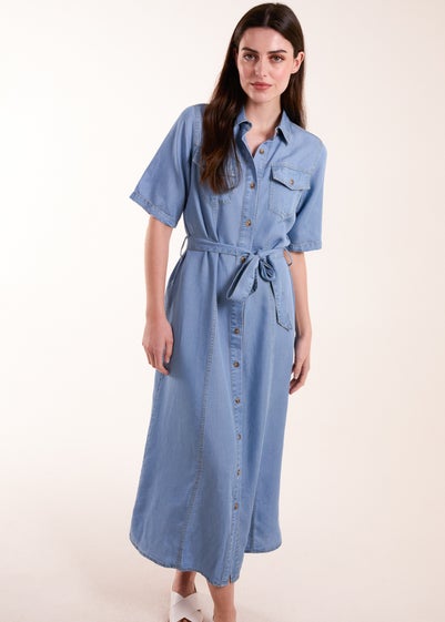 Blue Vanilla Blue Tencel Button Front Midi Shirt Dress