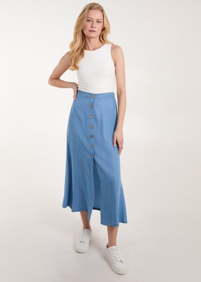 Blue Vanilla Blue Tencel Button Front Midi Skirt