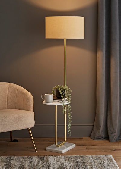 ValueLights Tavel Brushed Gold Floor Lamp Natural Shade (132.5cm x 14cm x 35cm)