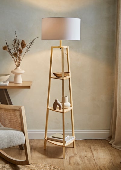 ValueLights Hiru Natural Wood 3 Tier Shelf Floor Lamp (25cm x 47cm x 47.5cm)