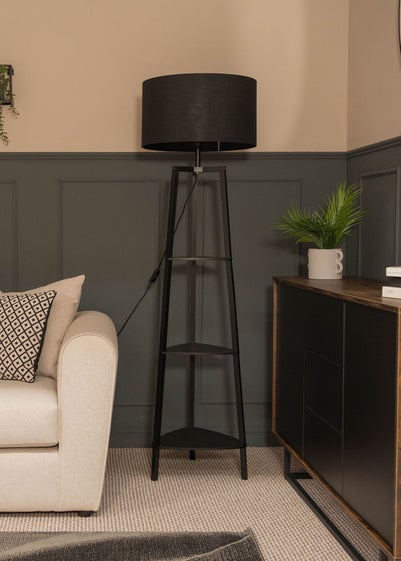 ValueLights Hiru Matt Black 3 Tier Shelf Floor Lamp Black Shade (25cm x 47.5cm x 47.5cm)