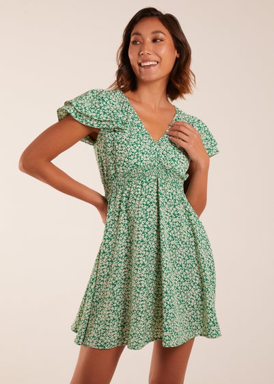 Blue Vanilla Green Double Ruffle Empire Shirred Mini Dress