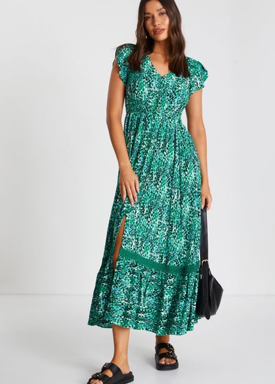 Quiz Green Leopard Print Crochet Trim Maxi Dress
